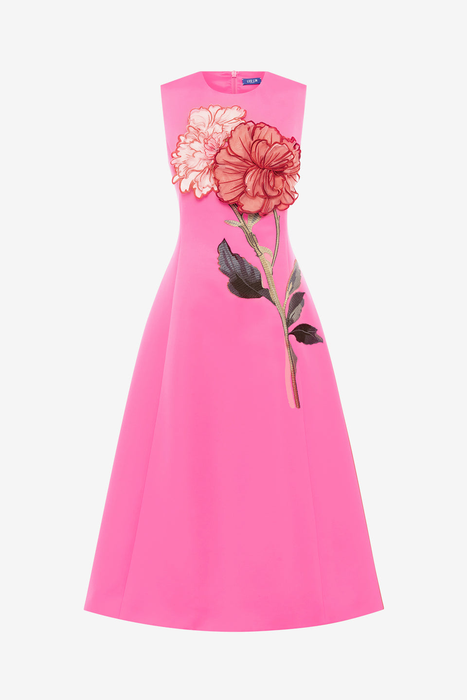 Exclusive LEO LIN Cleo Appliqué Sleeveless Midi Dress - Peony Print in Fuchsia