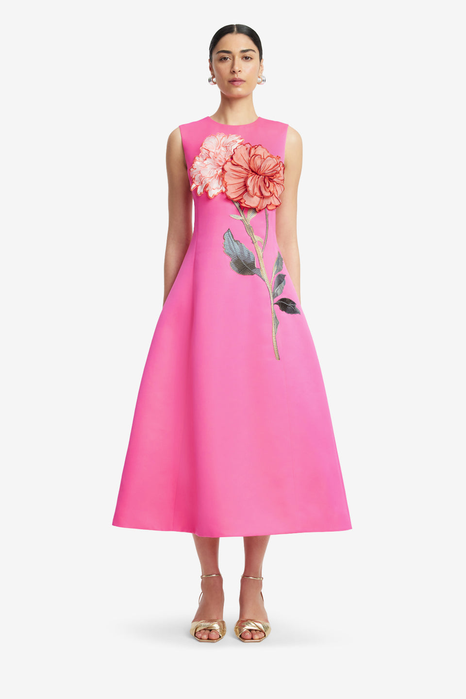 Exclusive LEO LIN Cleo Appliqué Sleeveless Midi Dress - Peony Print in Fuchsia