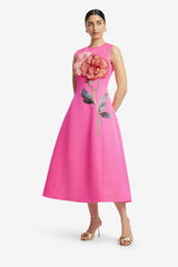 Cleo Appliqué Sleeveless Midi Dress - Peony Print in Fuchsia Dress Midi