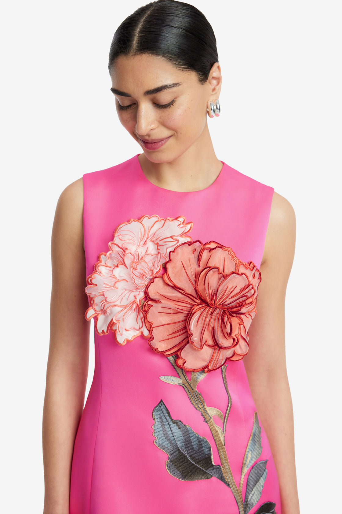 Exclusive LEO LIN Cleo Appliqué Sleeveless Midi Dress - Peony Print in Fuchsia