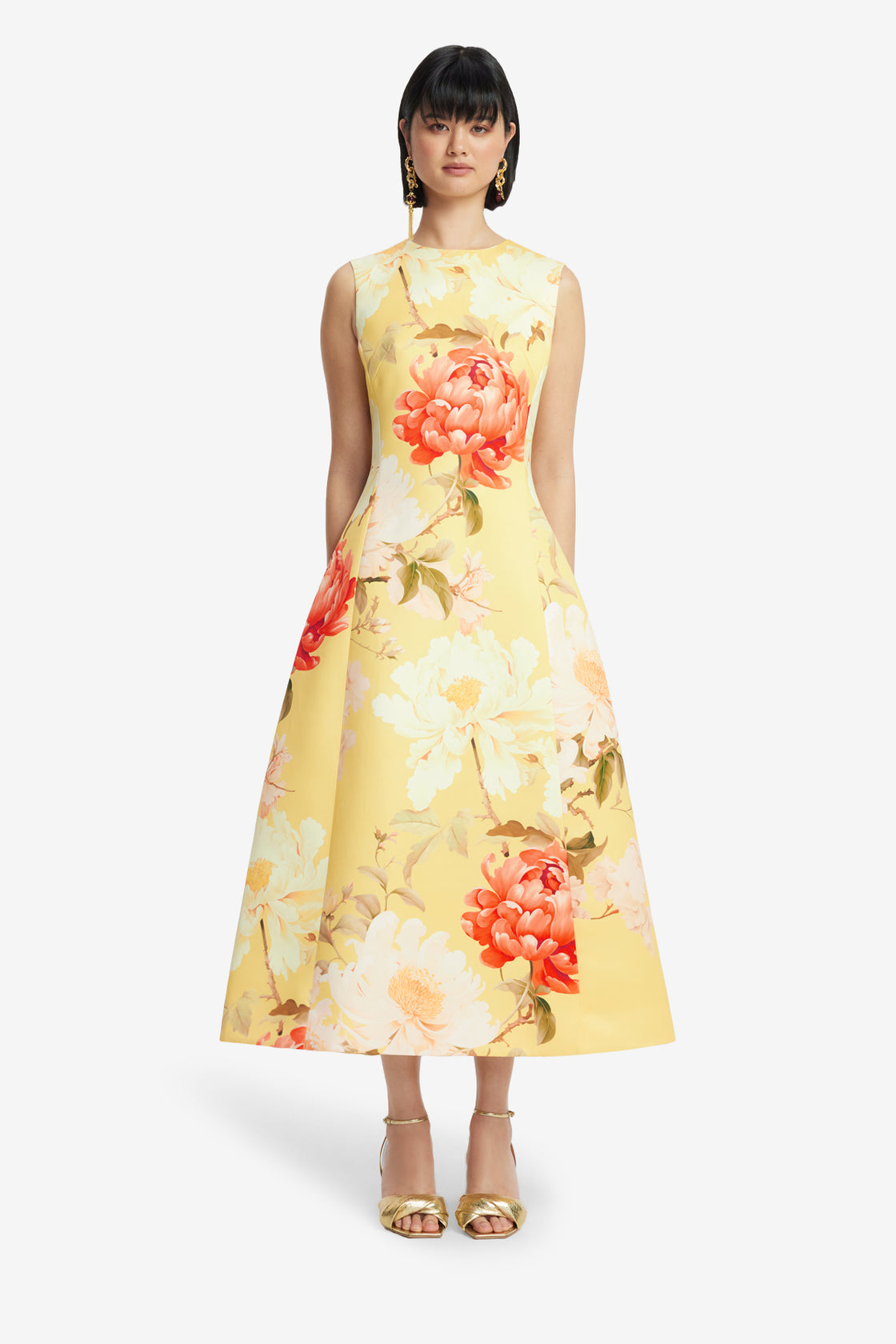 Cleo Sleeveless Midi Dress - Peony Print in Yellow LEO LIN Cleo Sleeveless Midi Dress - Peony Print in Yellow LEO LIN