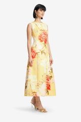 Cleo Sleeveless Midi Dress - Peony Print in Yellow Dress Midi