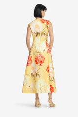 Cleo Sleeveless Midi Dress - Peony Print in Yellow Dress Midi