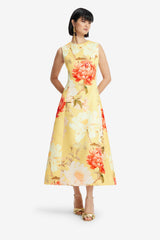 Cleo Sleeveless Midi Dress - Peony Print in Yellow Dress Midi