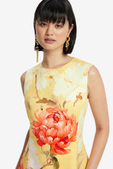 Cleo Sleeveless Midi Dress - Peony Print in Yellow Dress Midi