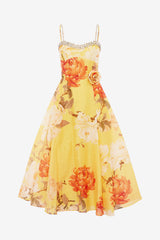Mariela Embellished Midi Dress - Peony Print in Yellow Dress Midi