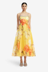 Mariela Embellished Midi Dress - Peony Print in Yellow Dress Midi