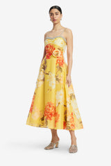 Mariela Embellished Midi Dress - Peony Print in Yellow Dress Midi