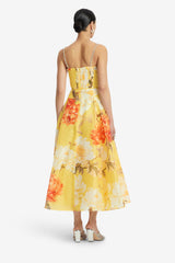 Mariela Embellished Midi Dress - Peony Print in Yellow Dress Midi