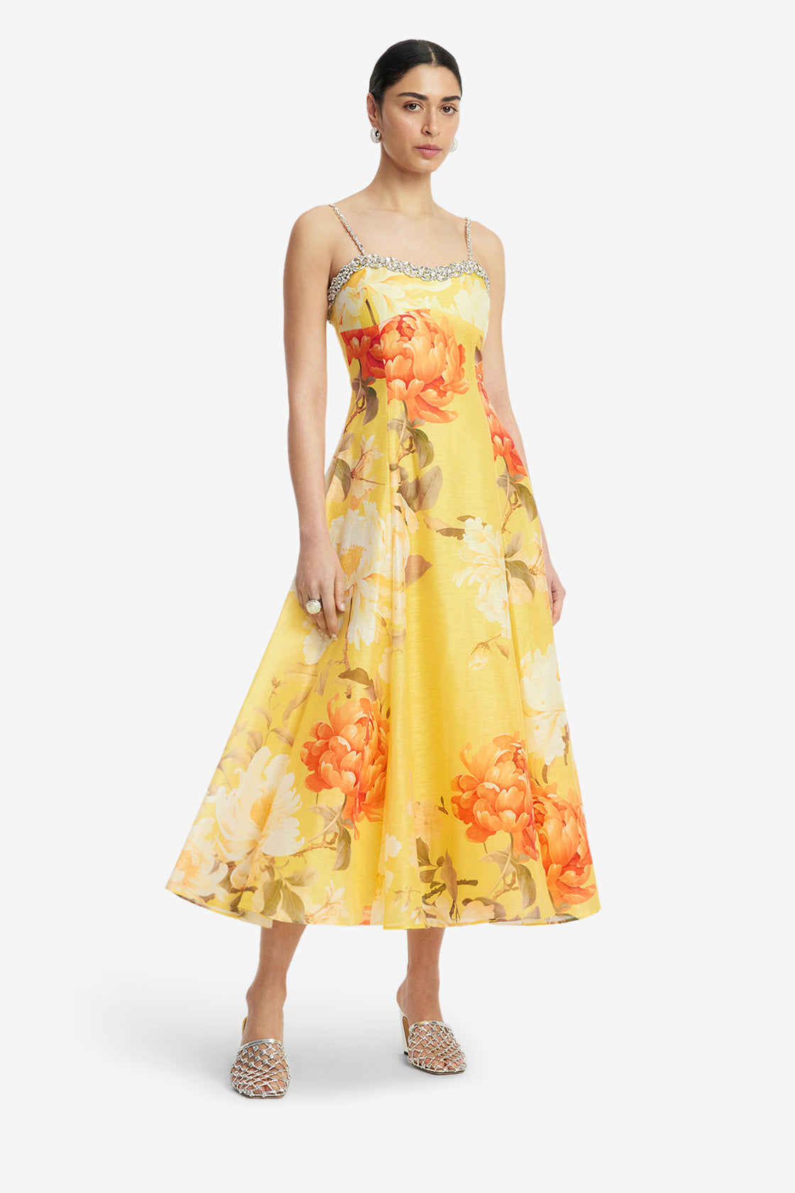 Exclusive LEO LIN Mariela Embellished Midi Dress - Peony Print in Yellow