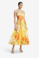 Mariela Embellished Midi Dress - Peony Print in Yellow Dress Midi