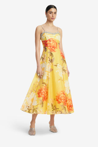 Exclusive LEO LIN Mariela Embellished Midi Dress - Peony Print in Yellow