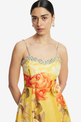 Mariela Embellished Midi Dress - Peony Print in Yellow Dress Midi