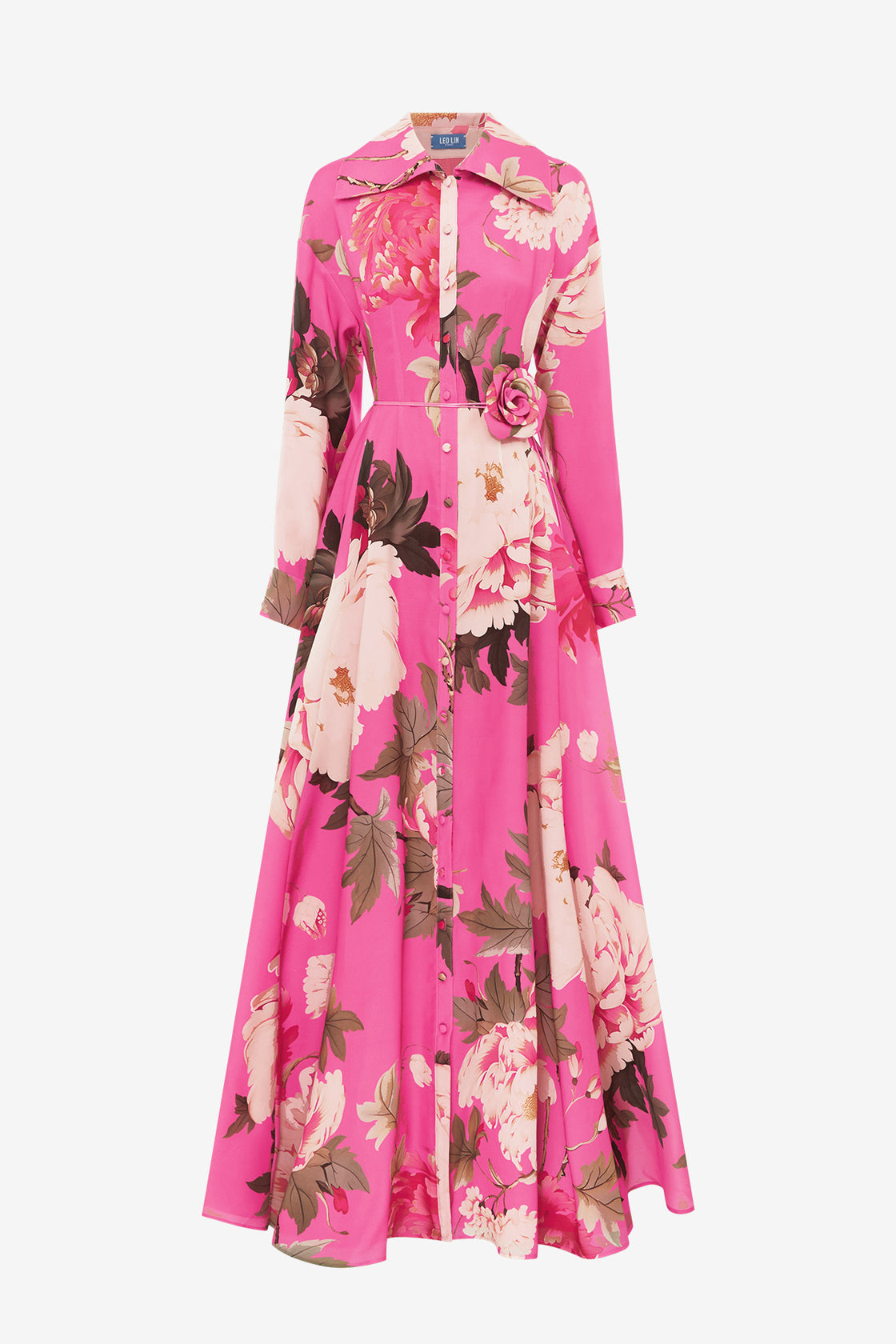 Exclusive LEO LIN Josephine Silk Gown - Peony Print in Fuchsia