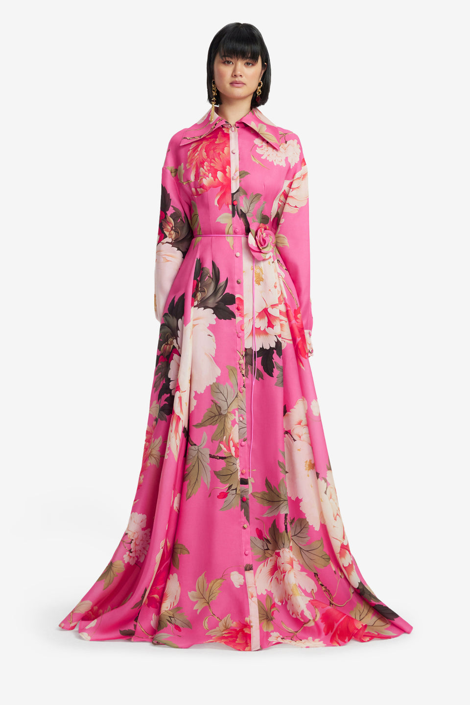 Exclusive LEO LIN Josephine Silk Gown - Peony Print in Fuchsia
