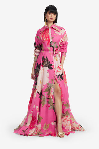 Exclusive LEO LIN Josephine Silk Gown - Peony Print in Fuchsia