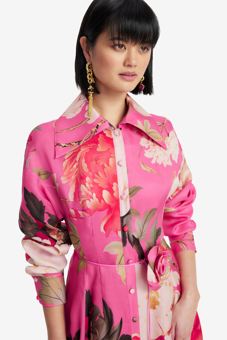 Exclusive LEO LIN Josephine Silk Gown - Peony Print in Fuchsia