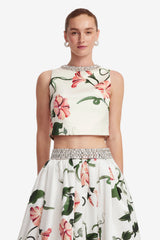 Iris Embellished Top - Vine Print in Snow Tops