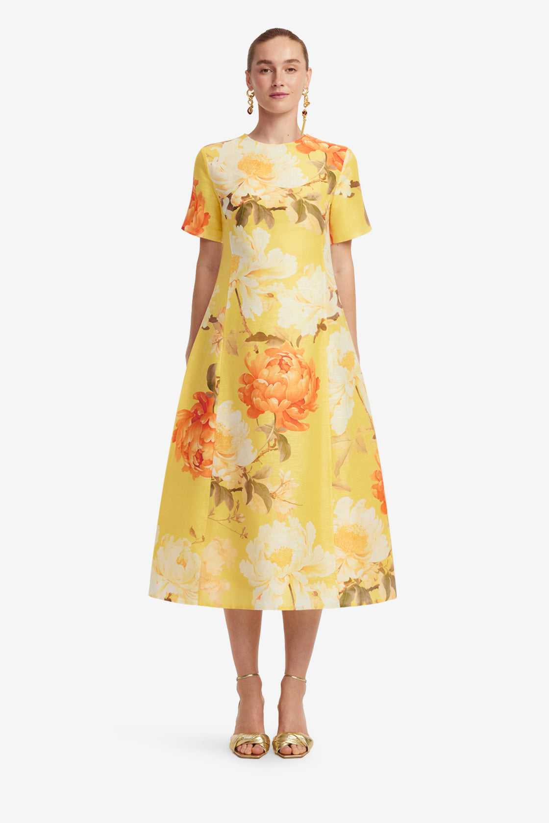 Exclusive LEO LIN Caroline Short Sleeve Midi Dress  - Peony Print in Yellow