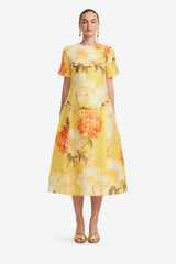 Caroline Short Sleeve Midi Dress  - Peony Print in Yellow Dress Midi