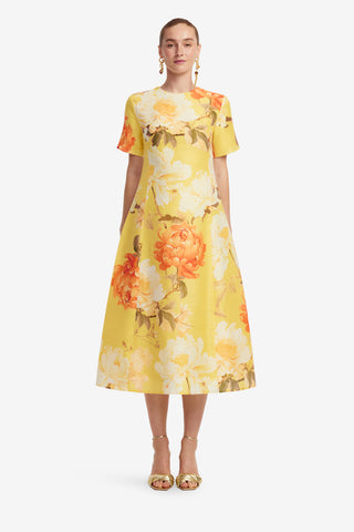 Exclusive LEO LIN Caroline Short Sleeve Midi Dress  - Peony Print in Yellow