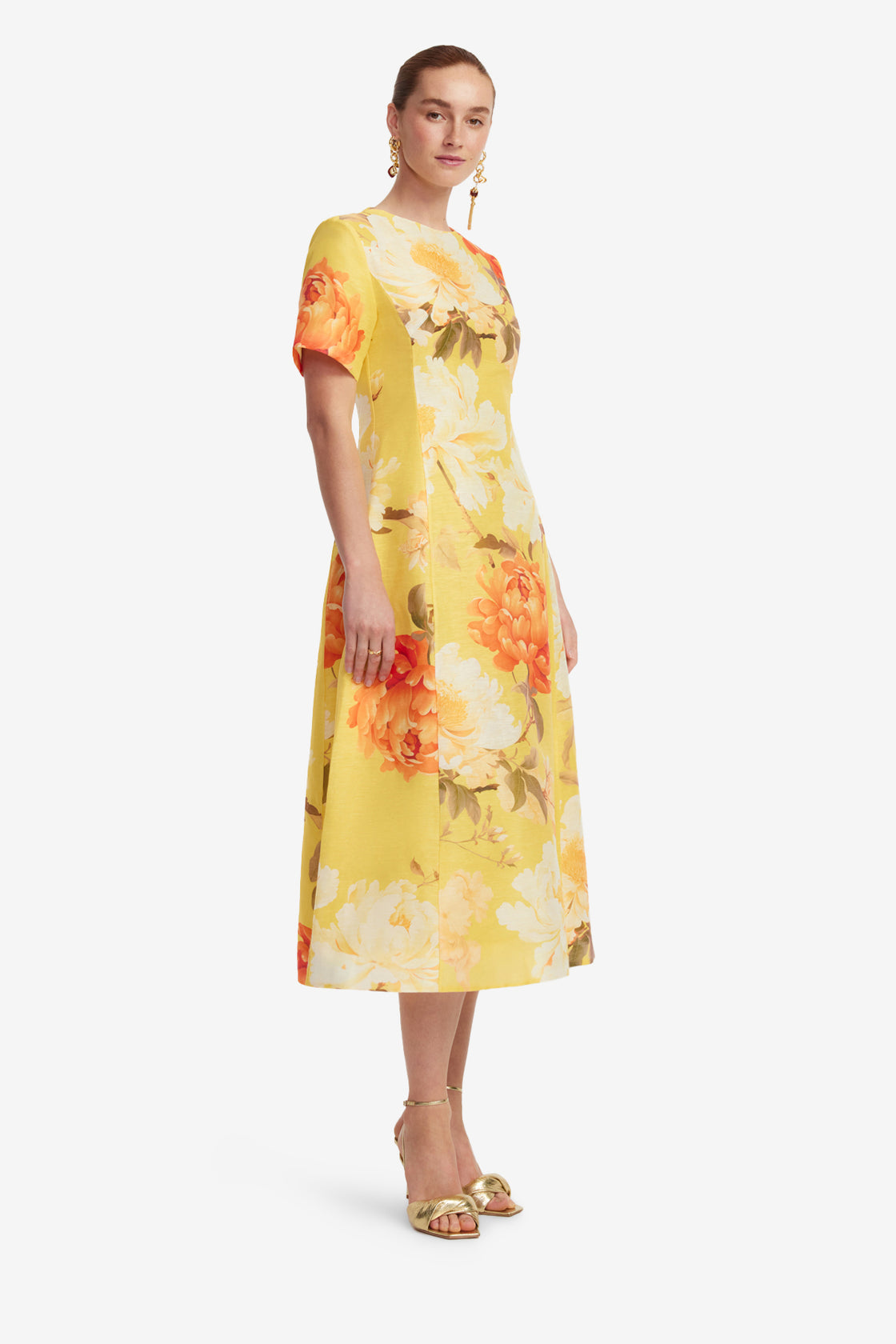 Exclusive LEO LIN Caroline Short Sleeve Midi Dress  - Peony Print in Yellow