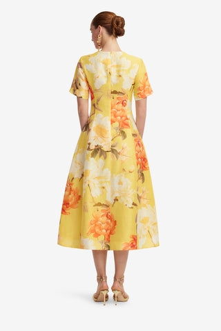 Exclusive LEO LIN Caroline Short Sleeve Midi Dress  - Peony Print in Yellow