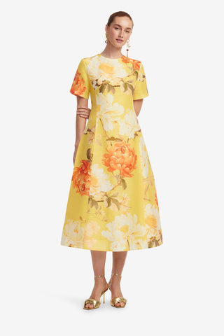 Exclusive LEO LIN Caroline Short Sleeve Midi Dress  - Peony Print in Yellow