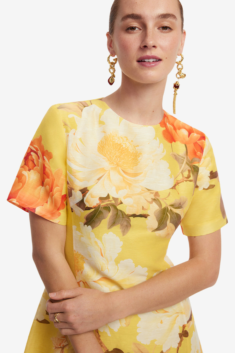 Exclusive LEO LIN Caroline Short Sleeve Midi Dress  - Peony Print in Yellow