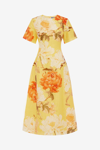 Exclusive LEO LIN Caroline Short Sleeve Midi Dress  - Peony Print in Yellow