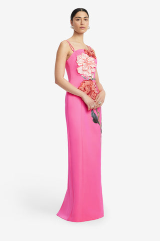 Exclusive LEO LIN Arianna Appliqué Floral Maxi Dress - Peony Print in Fuchsia