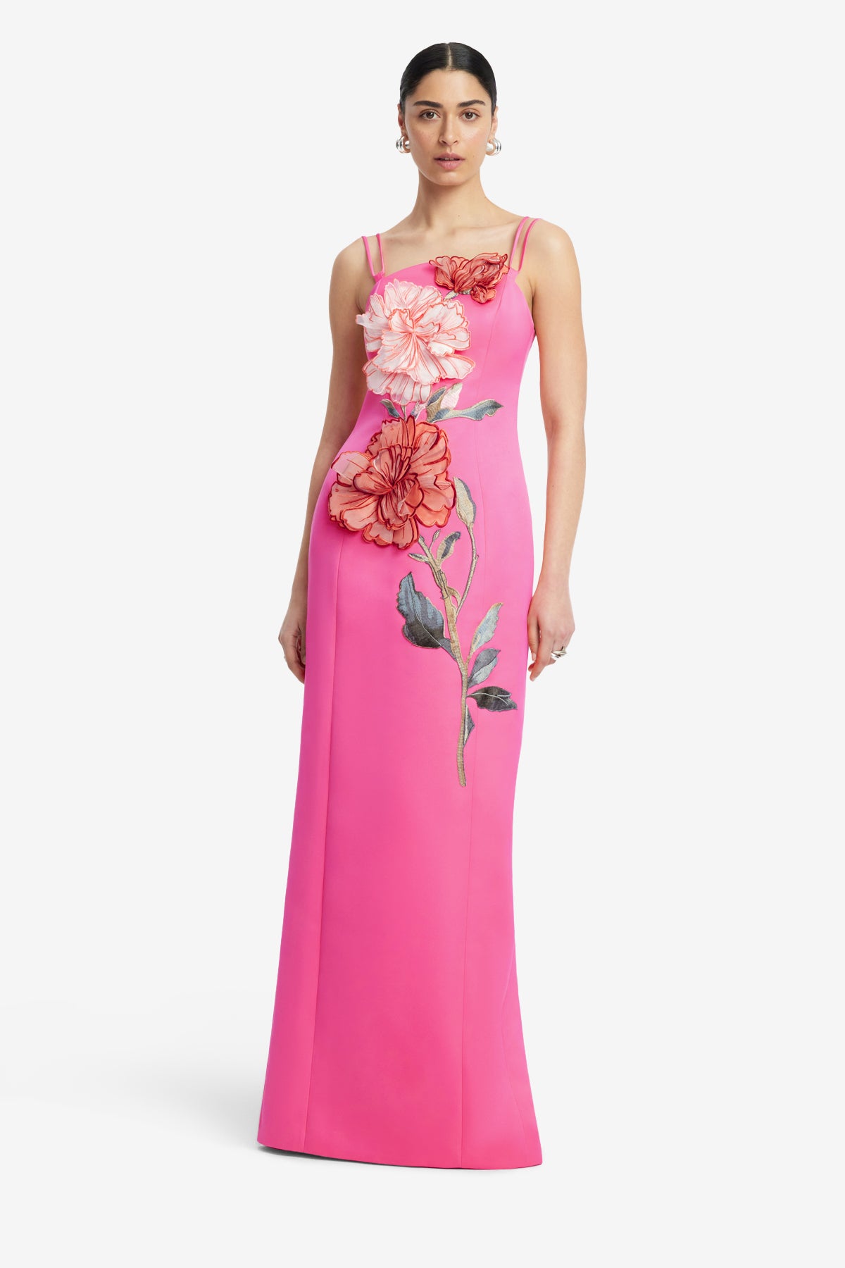 フラワーあいらんど Arianna Appliqué Floral Maxi Dress - Peony Print in Fuchsia – LEO LIN