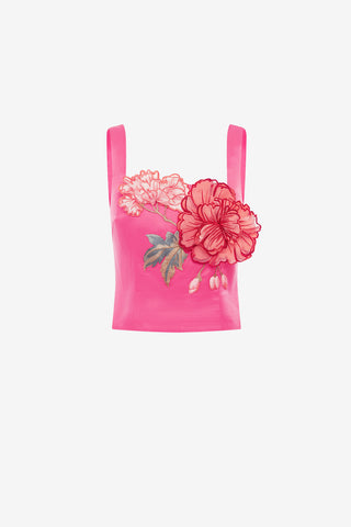 Exclusive LEO LIN Isadora Applique Top - Peony Print in Fuchsia