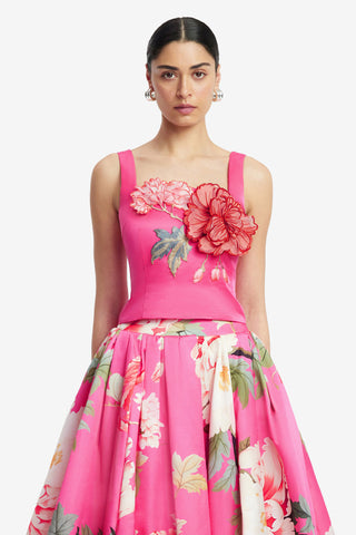 Exclusive LEO LIN Isadora Applique Top - Peony Print in Fuchsia
