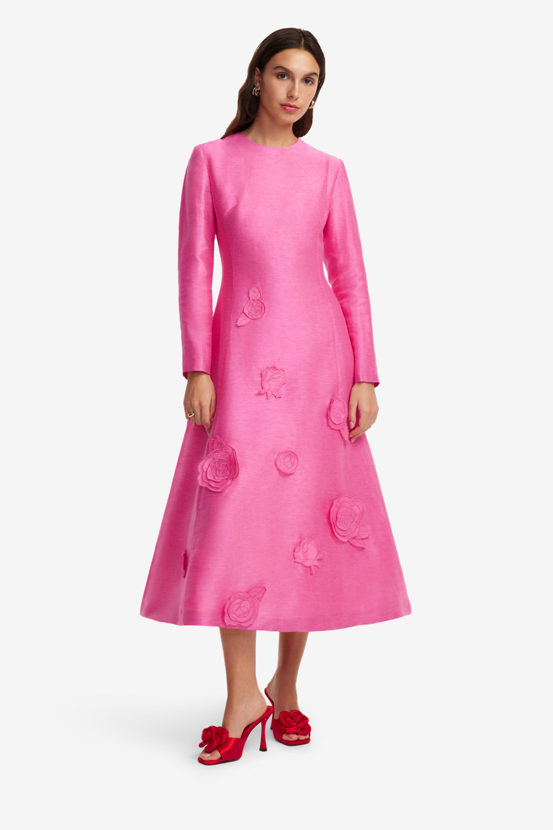 Exclusive LEO LIN Amira Long Sleeve Petal Midi Dress - Fuchsia