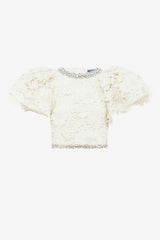 Lucia Embellished Lace Top - Snow Tops