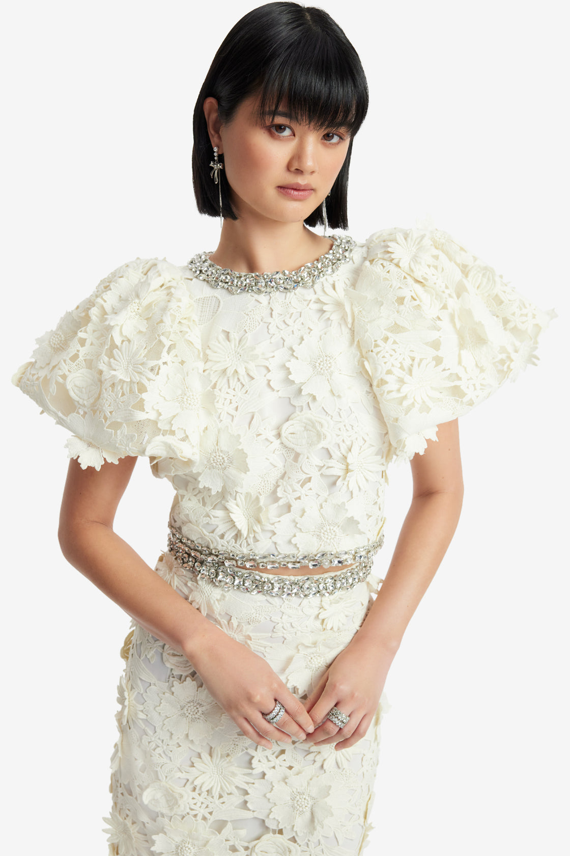Exclusive LEO LIN Embellished Lace Top - Snow