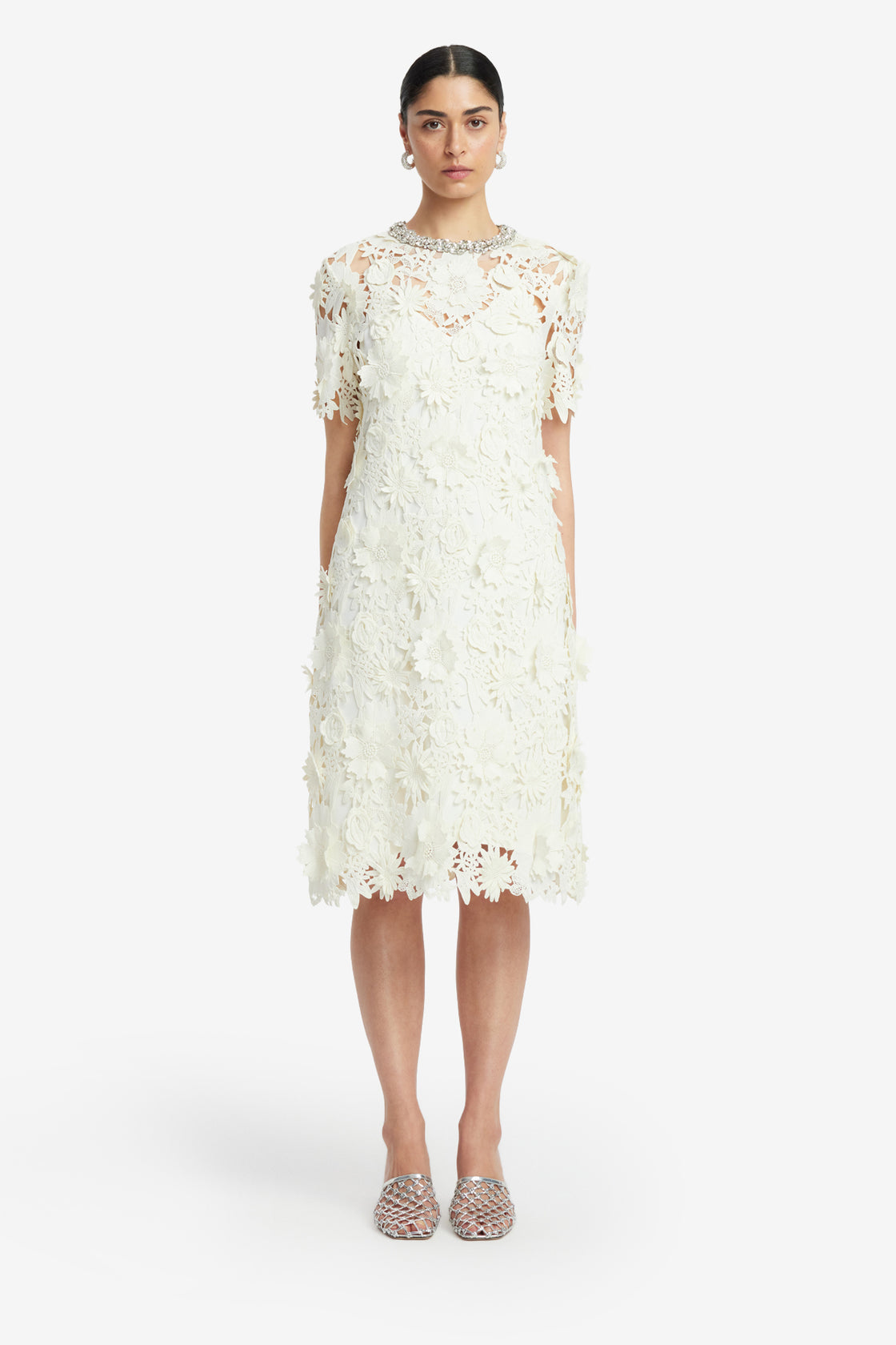 Sheridan Embellished Lace Midi Dress - Snow LEO LIN Sheridan Embellished Lace Midi Dress - Snow LEO LIN