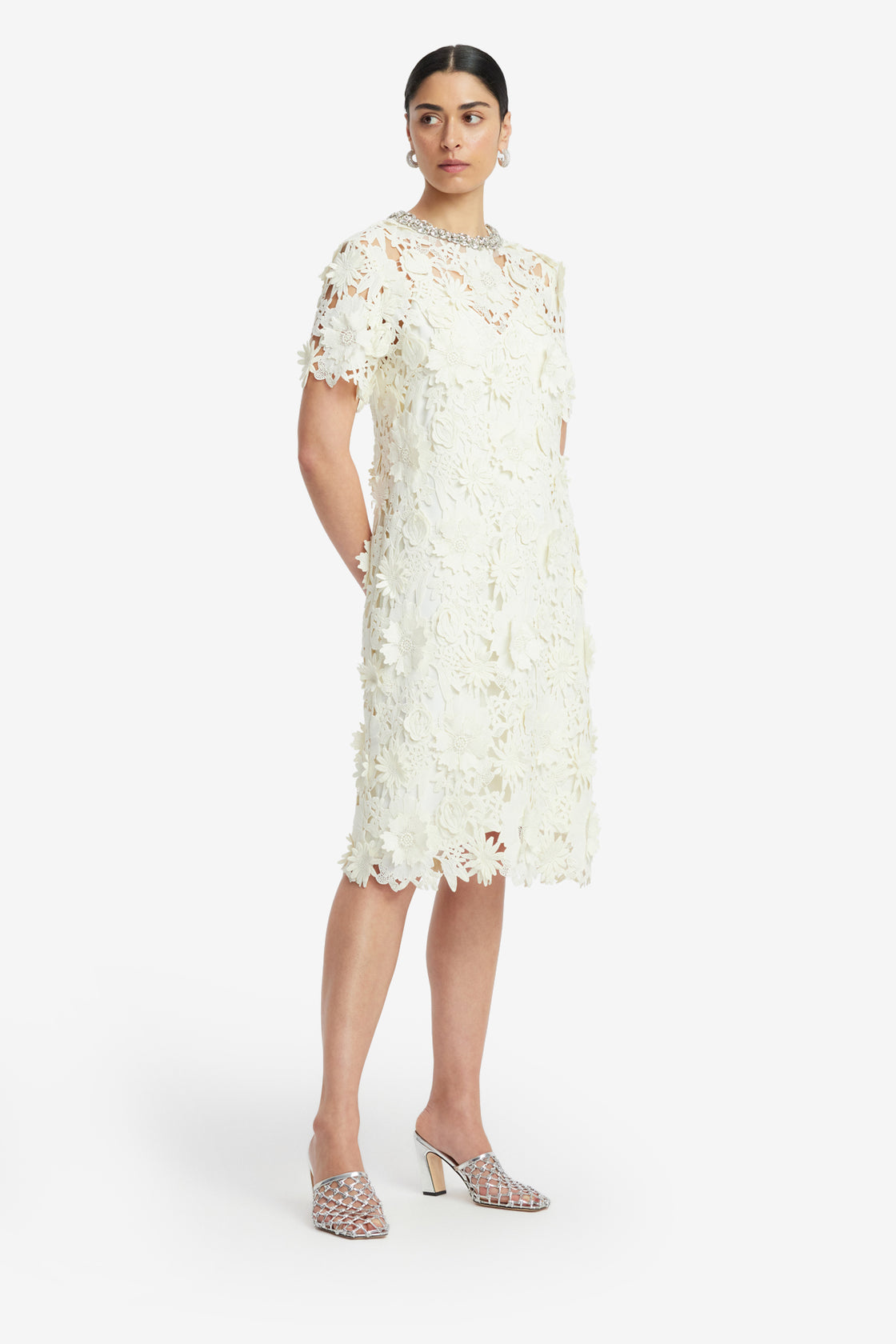 Sheridan Embellished Lace Midi Dress - Snow LEO LIN Sheridan Embellished Lace Midi Dress - Snow LEO LIN