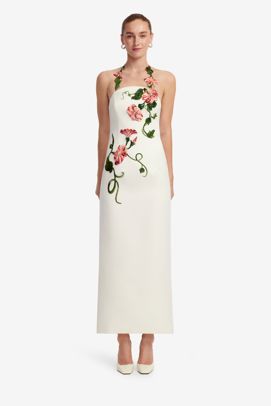 leo lin white dress with flowers LEO LIN Rayne Strapless Appliqu Midi Dress