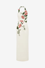 Ava Halterneck Appliqué Floral Bustier Maxi Dress - Vine Print in Snow Dress Maxi