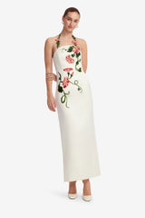 Ava Halterneck Appliqué Floral Bustier Maxi Dress - Vine Print in Snow Dress Maxi