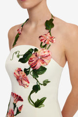 Ava Halterneck Appliqué Floral Bustier Maxi Dress - Vine Print in Snow Dress Maxi