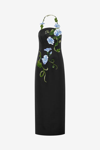 Exclusive LEO LIN Ava Halterneck Applique Floral Bustier Maxi Dress - Vine Print in Ebony