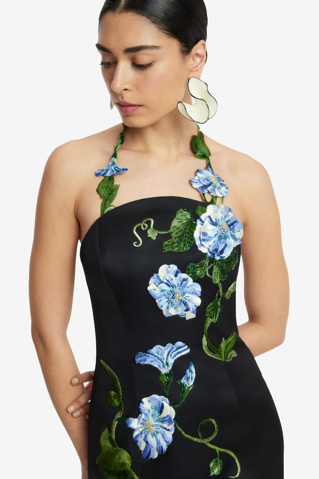 Exclusive LEO LIN Ava Halterneck Applique Floral Bustier Maxi Dress - Vine Print in Ebony