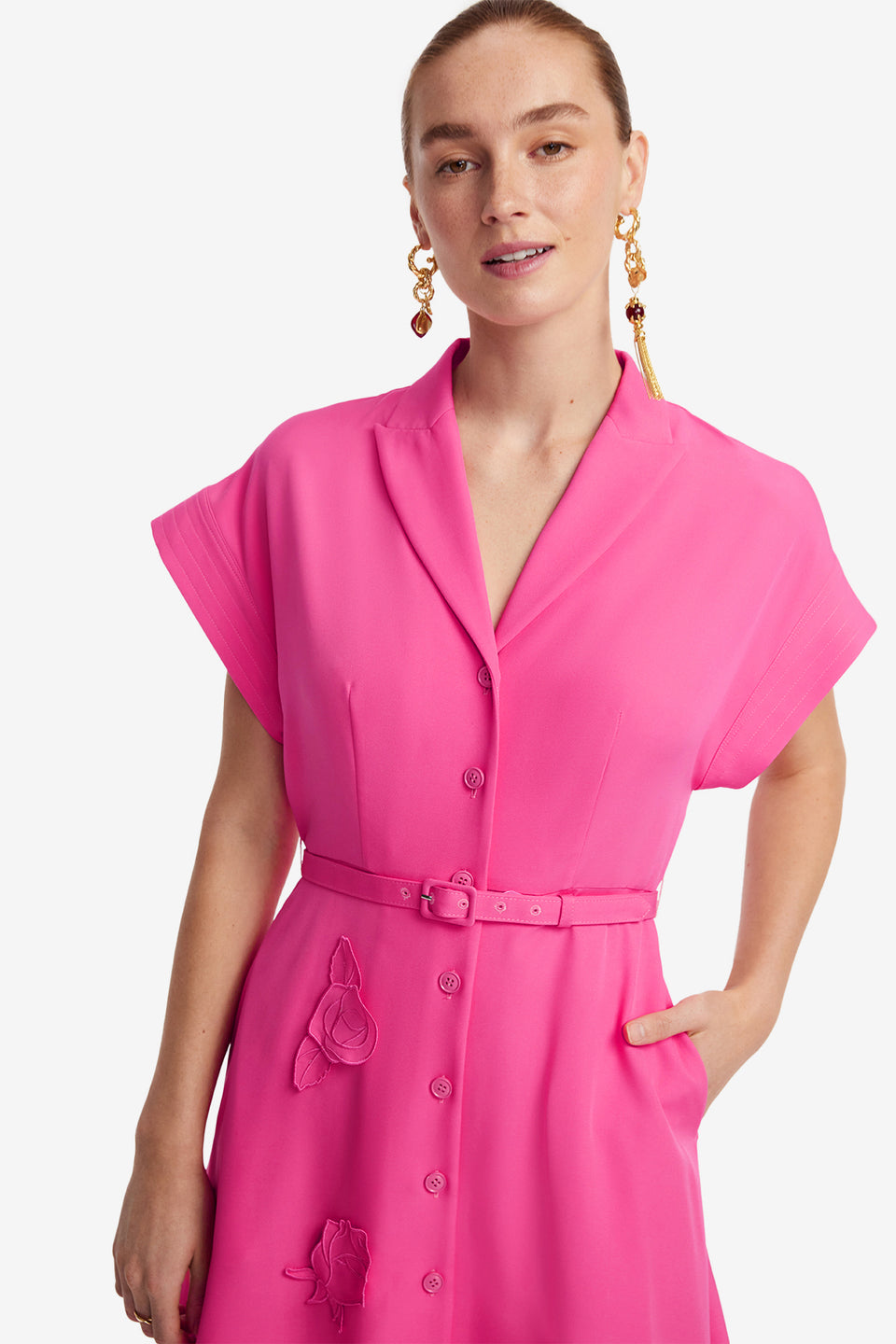 Exclusive LEO LIN Aubrey Appliqué Shirt Midi Dress - Fuchsia
