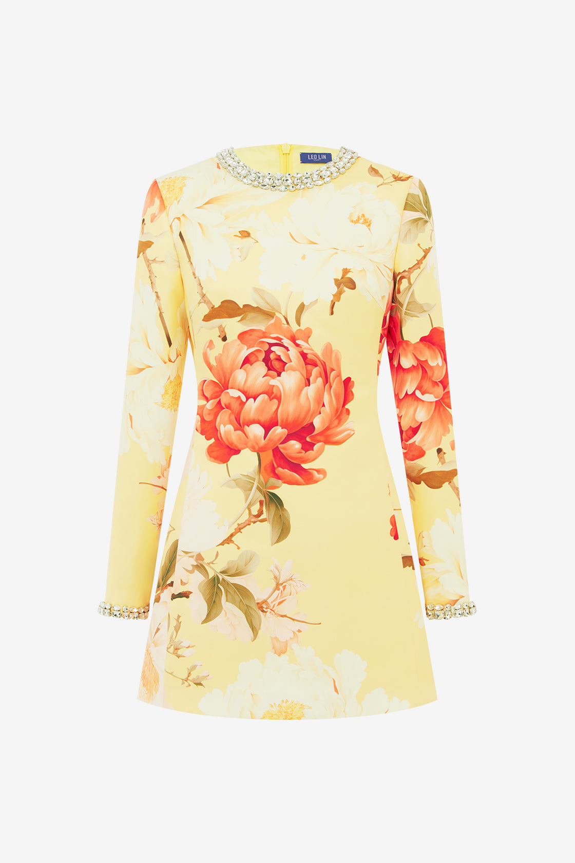 Exclusive LEO LIN Aliza Embellished Long Sleeve Mini Dress - Peony Print in Yellow