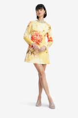 Aliza Embellished Long Sleeve Mini Dress - Peony Print in Yellow Dress Mini