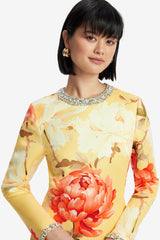Aliza Embellished Long Sleeve Mini Dress - Peony Print in Yellow Dress Mini