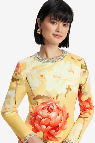 Exclusive LEO LIN Aliza Embellished Long Sleeve Mini Dress - Peony Print in Yellow